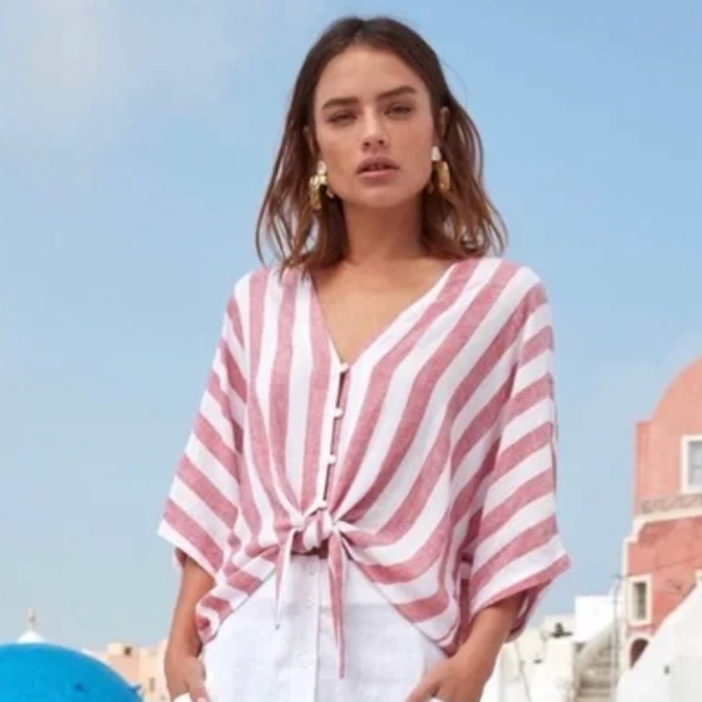 Rails Thea Tie Front Rayon Linen Button Up in Red and White Seville Stripe Small